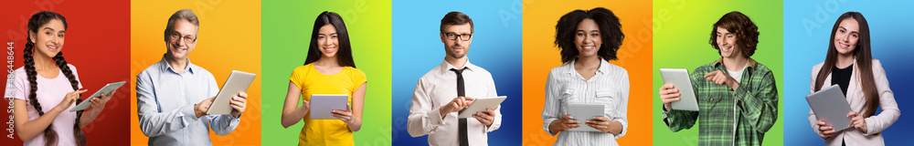 Poster Digital Lifestyle. Group Of People With Tablet Computers Posing Over Colorful Backgrounds