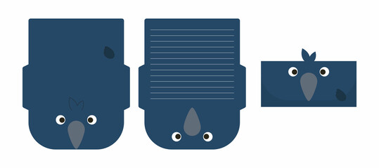 Cute lovely raven letter writing stationery paper laser cutting card template. Animal design for greeting, invitation, thank you cards. Vector stock illustration.