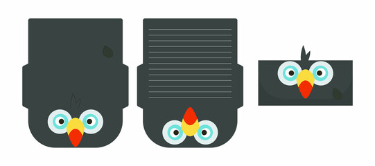 Cute lovely toucan letter writing stationery paper laser cutting card template. Animal design for greeting, invitation, thank you cards. Vector stock illustration.