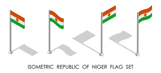 isometric flag REPUBLIC OF NIGER in static position and in motion on flagpole. 3d vector