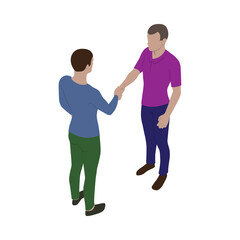 Two guys shake hands. Business partners handshake scene in isometric view.
