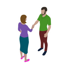 Man and woman shaking hands. Business partners or friends handshake scene in isometric view.