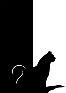 Domestic black cat sits at open door. Silhouette of cat on white background. Black and white vertical vector illustration