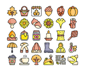 Simple set of 30 autumn icons in detailed outline color style