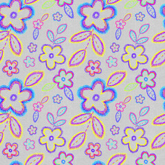 Fototapeta na wymiar Stitch, embroidery floral seamless pattern. Fancywork bright flowers on canvas repeat print. Modern botanical art, craft, hand made design for textile, fabric, wallpaper, wrapping paper and decoration