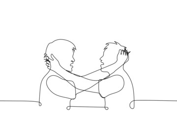 two men grabbed each other by the hair they are angry - one line drawing vector. concept of male fight, aggression