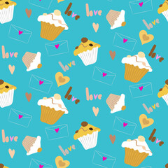 Vector seamless love symbol half-drop pattern, with stylish hearts, cupcake and word 