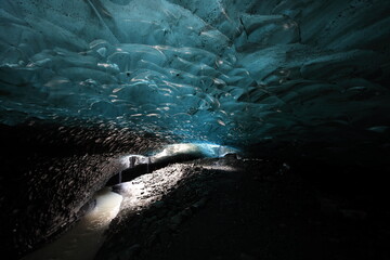 Ice cave at the northern shore of glacial lagoon Joekulsarlon in glacier Breidamerkurjoekull in Vatnajoekull NP. Europe, Northern Europe, Iceland