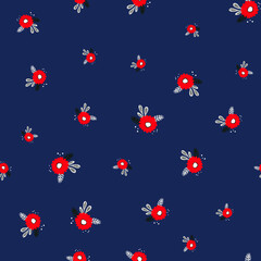 Seamless floral pattern based on traditional folk art ornaments. Colorful flowers on color background. Scandinavian style. Sweden nordic style. Vector illustration. Simple minimalistic pattern
