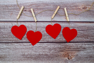 red hearts on wooden background, Valentines day, rustic style