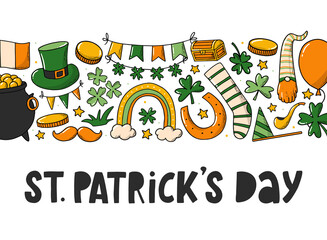 Fototapeta premium St.Patrick's day greeting card decorated with horizontal border of doodles. Good for banners, prints, invitations, posters, presents, etc. EPS 10
