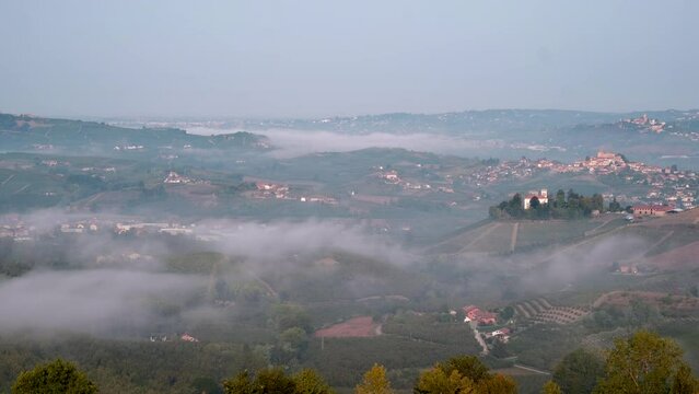Fog mist time lapse in Langhe vineyards of Piedmont, Italy. Timelapse