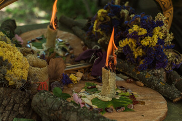Candle light magic, meditation and esoteric concept. Candle on a altar, opening chakras and energy