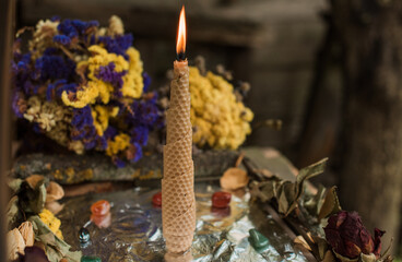 Candle light magic, meditation and esoteric concept. Candle on a altar, opening chakras and energy