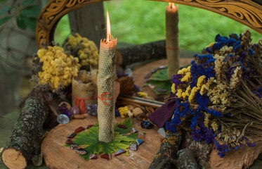 Candle light magic, meditation and esoteric concept. Candle on a altar, opening chakras and energy