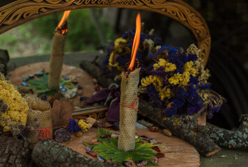 Candle light magic, meditation and esoteric concept. Candle on a altar, opening chakras and energy