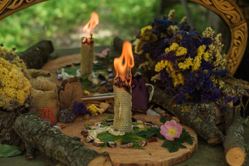 Candle light magic, meditation and esoteric concept. Candle on a altar, opening chakras and energy