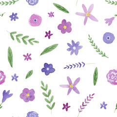 watercolor flower spring digital paper, pink violet floral seamless pattern clipart, isolated elements on white background,