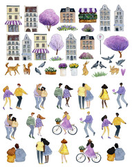 couple love story, watercolor house clipart, spring city town scene creator, pink blossom tree clip art, black girl, couples, valentine day illustrations, isolated elements on white background