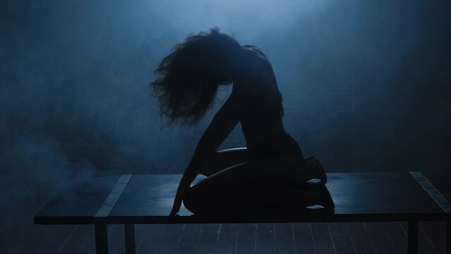 Silhouette of a sexy girl dancing an erotic sensual dance in blue smoke.