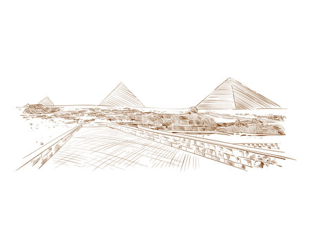 Egypt. Giza. Pyramids. Beautiful view. Hand drawn sketch, vector illustration