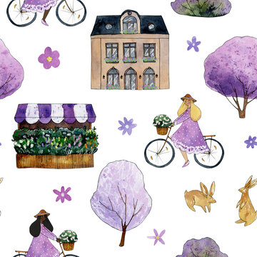 spring digital paper, watercolor house seamless pattern clipart, black girl on a bike story, pink floral blossom tree, violet heart, isolated elements on white background