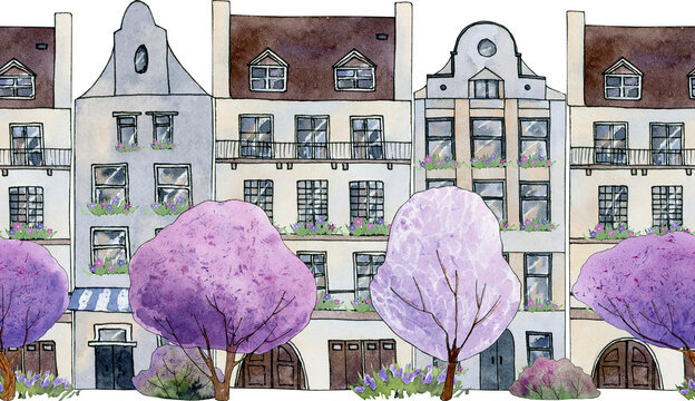 watercolor house seamless border clipart, spring city town with pink blossom trees