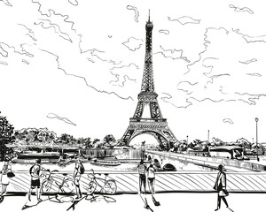 Eiffel Tower vector sketch. Paris, France. Hand drawn vector illustration