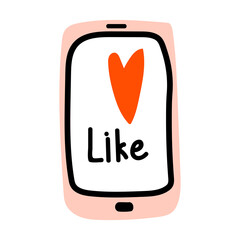 Valentines Day doodle icon mobile phone with heart and Lettering Like. Internet Love decoration. Hand drawn, line art, flat and lettering vector for web, banner, card, sticker.