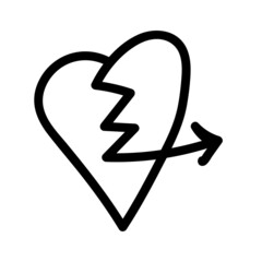 Linear doodle arrow with broken heart. Love pointer, trajectory, like. Vector design element for social media, valentines day and romantic designs.