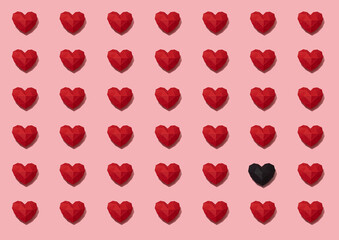 Fototapeta na wymiar Red and black paper hearts pattern on pink background