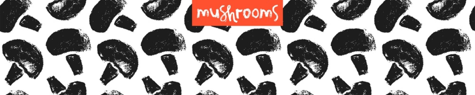 Vector champignon hand-drawn Illustration. Mushrooms pattern seamless. Vegetarian cooking courses banner. Edible fungi wallpapers. Drawings for champignons label design. Mushroom soup ingredients.