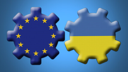 Ukraine and European Union Wheel Gears Flags – 3D Illustration