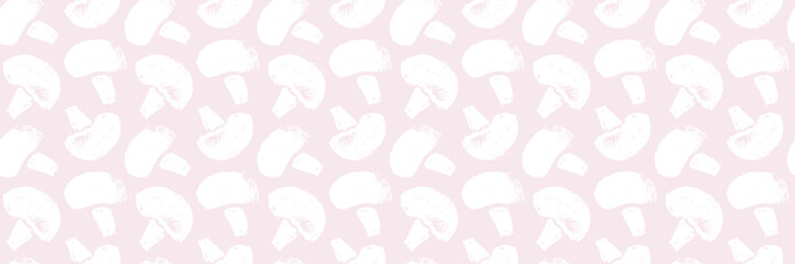 Vector champignon hand-drawn Illustration. Mushrooms pattern seamless. Vegetarian cooking courses banner. Edible fungi wallpapers. Drawings for champignons label design. Mushroom soup ingredients.