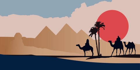 Landscape, silhouette vector illustration, desert with pyramids and camels, Egypt dawn