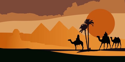 Landscape, silhouette vector illustration, desert with pyramids and camels, Egypt sunset