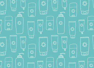 Sunblock seamless pattern vector design. Line art sunscreen cream bottles isolated on aquamarine blue background. Summer skincare SPF cosmetic texture for wrapping, textile, fabric pattern design.