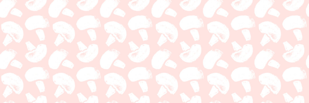 Vector champignon hand-drawn Illustration. Mushrooms pattern seamless. Vegetarian cooking courses banner. Edible fungi wallpapers. Drawings for champignons label design. Mushroom soup ingredients.