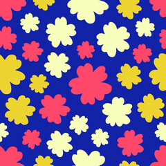 Red, yellow and white flowers on a blue background, seamless color pattern. Vector illustration. Hand drawn.