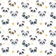 Fototapeta na wymiar Seamless pattern with cute hand drawn panda bears. Yellow stars with soft edges. Best for textile or websites.