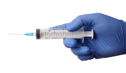 Hand with ready syringe to vaccine shot - isolated photo on a white background. Blue gloved hand holds inoculation syringe. Hand and syringe are isolated a white background. Nurse palm with vaccine.