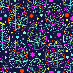 Colorful stylized eggs with stripes, dots and stylized flowers. Easter cute background. Seamless vector pattern.