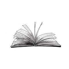 Open book with flying pages. Hand drawn sketch. Illustration isolated on white.