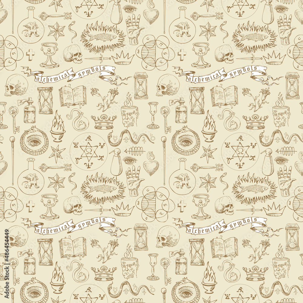 Fototapete vector image of a seamless texture for printing on fabric and paper in the form of an alchemical for