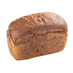 Isolated fresh baked rye bread with dried fruits and nuts on white background