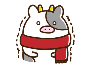 寒くて震えるマフラーをつけたウシのかわいい手描き風イラスト