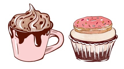 Cup of coffee with cupcakes and donuts. Cartoon style isolated on white background