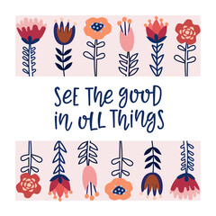 Vector illustration of a flower arrangement in pastel colors. Flowers and lettering composition. For Valentine's Day. Poster for the interior, postcard, congratulation. In hand-drawn style