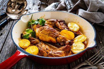 Cooked rabbit thighs with potatoes in frying pan	
