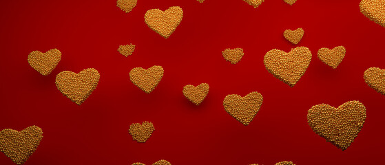 February 14 Valentine's Day, luxury red and gold background. Golden hearts.